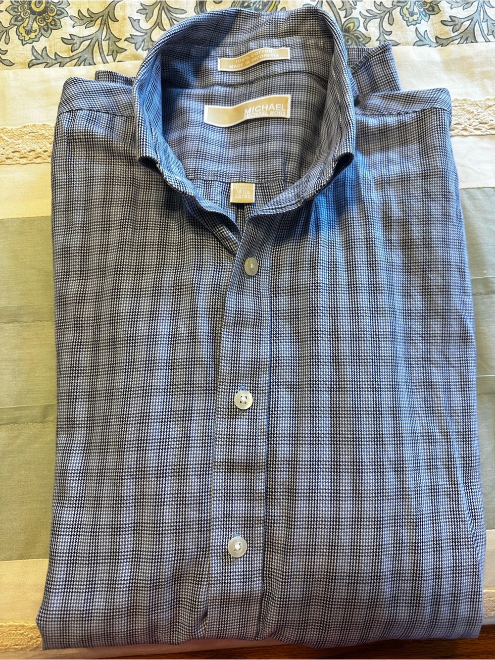 Michael Kors Men's Navy and Gray Micro-Check Button-Down Shirt